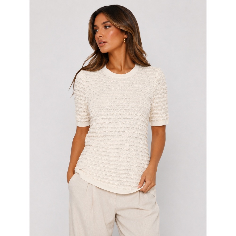Marled Cream Textured Smocked Short Sleeve Knit Top Crew Neck XL NWT